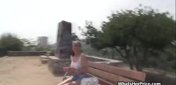  Busty Spanish cutie rides me for money on a hill